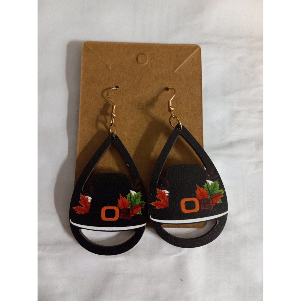 Thanksgiving Dangle Earrings Pilgrim Hat Wooden 3 Inch Drop x 1.25 Inches Wide